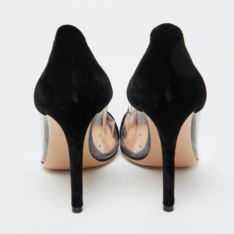 Pre Owned Gianvito Rossi Black Velvet and PVC Plexi Pointed Toe Pumps Size 37