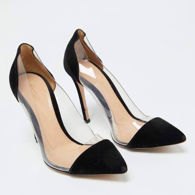 Pre Owned Gianvito Rossi Black Velvet and PVC Plexi Pointed Toe Pumps Size 37
