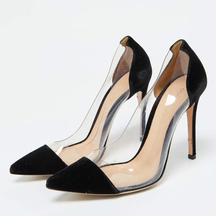 Pre Owned Gianvito Rossi Black Velvet and PVC Plexi Pointed Toe Pumps Size 37