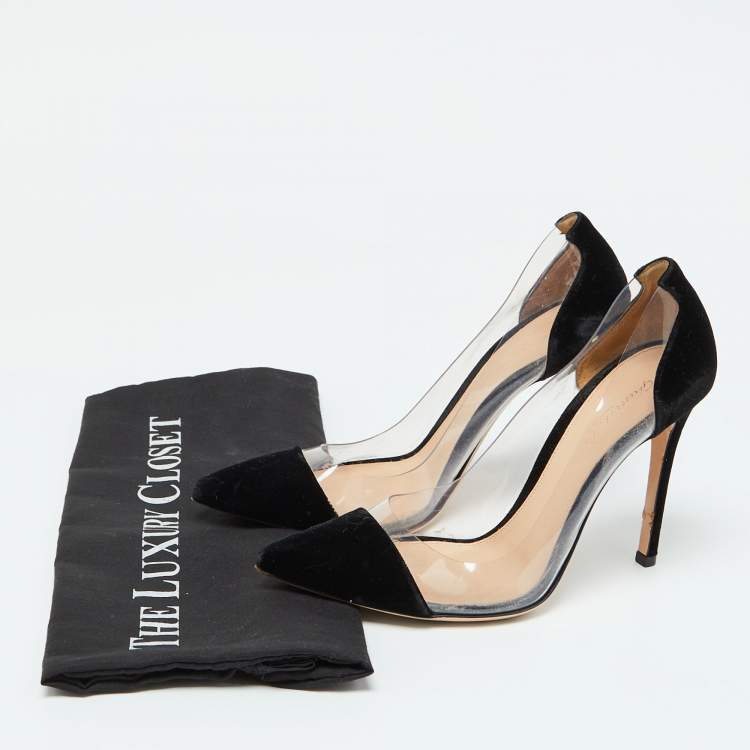 Pre Owned Gianvito Rossi Black Velvet and PVC Plexi Pointed Toe Pumps Size 37