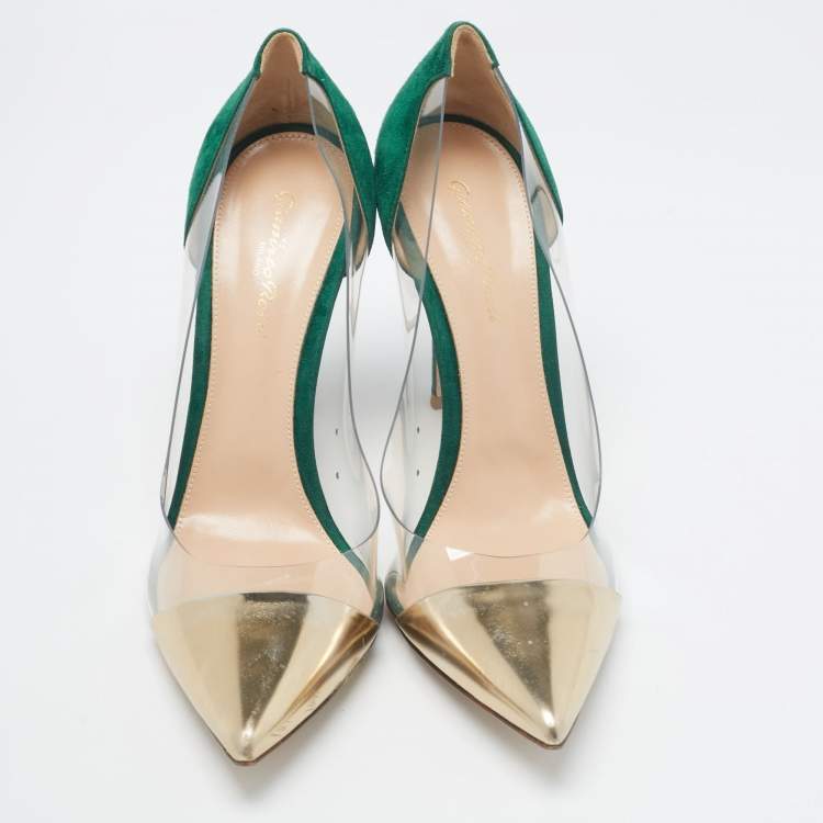Pre Owned Gianvito Rossi Gold/Green Leather, Suede and PVC Plexi Pumps Size 41.5