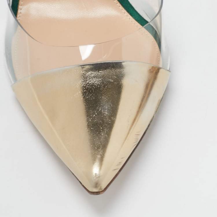 Pre Owned Gianvito Rossi Gold/Green Leather, Suede and PVC Plexi Pumps Size 41.5