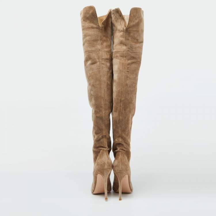 Pre Owned Gianvito Rossi Beige Suede Pointed Toe Over The Knee Boots Size 39.5