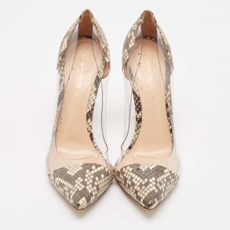 Pre Owned Gianvito Rossi Brown/Beige Python and PVC Plexi Pumps Size 38