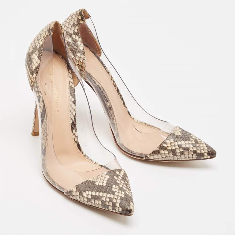 Pre Owned Gianvito Rossi Brown/Beige Python and PVC Plexi Pumps Size 38
