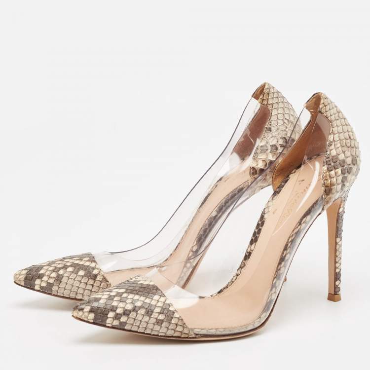 Pre Owned Gianvito Rossi Brown/Beige Python and PVC Plexi Pumps Size 38