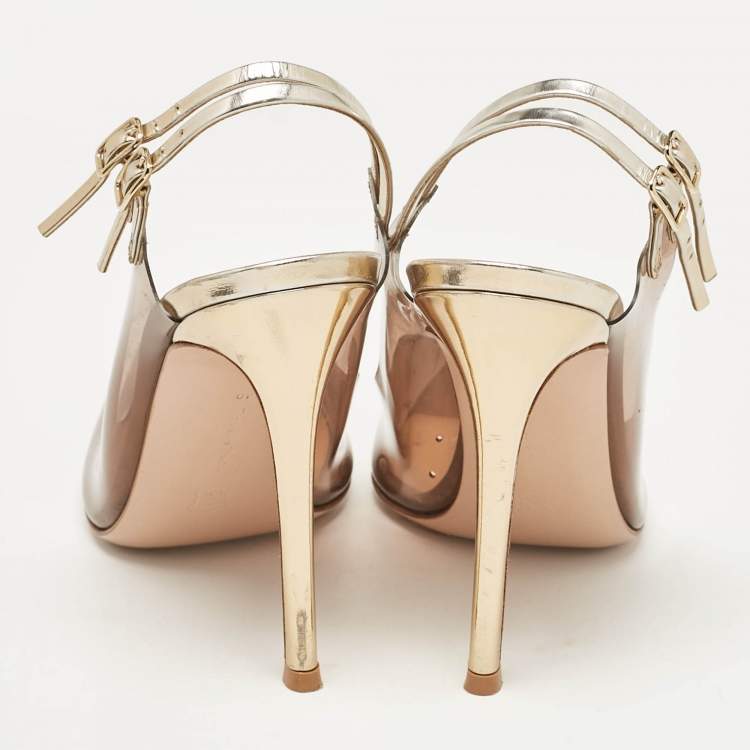 Pre Owned Gianvito Rossi Brown/Gold Leather and PVC Pointed Toe Pumps Size 40