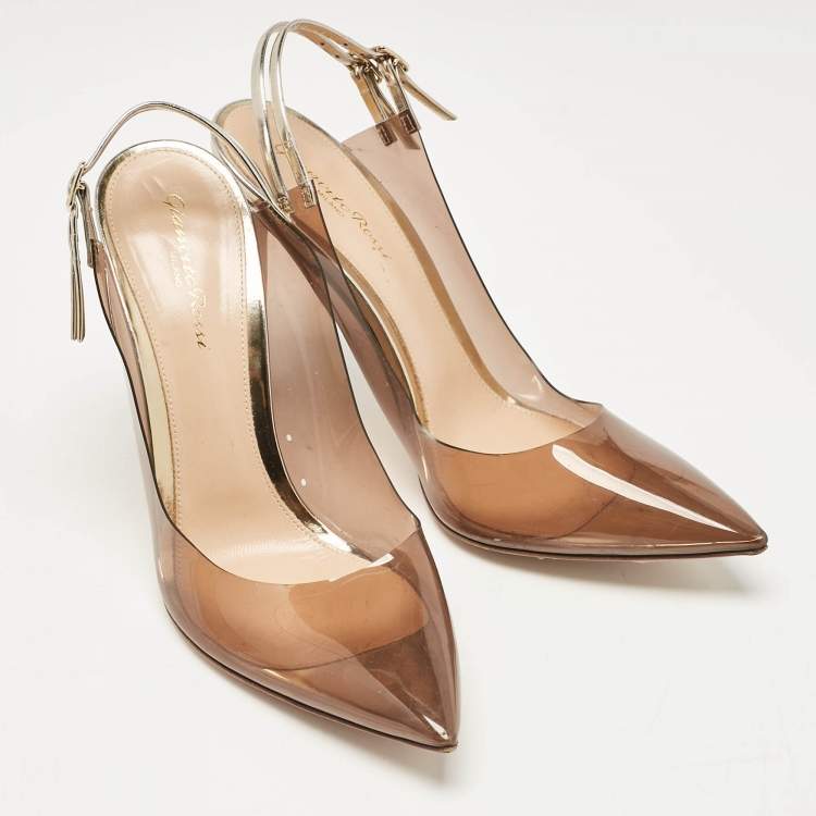 Pre Owned Gianvito Rossi Brown/Gold Leather and PVC Pointed Toe Pumps Size 40