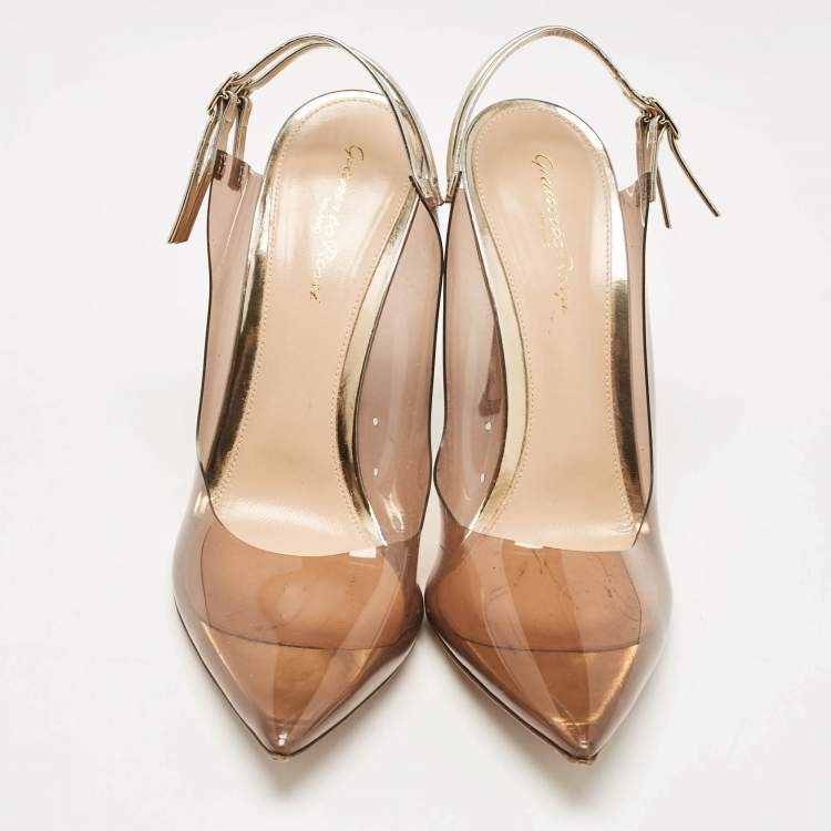 Pre Owned Gianvito Rossi Brown/Gold Leather and PVC Pointed Toe Pumps Size 40