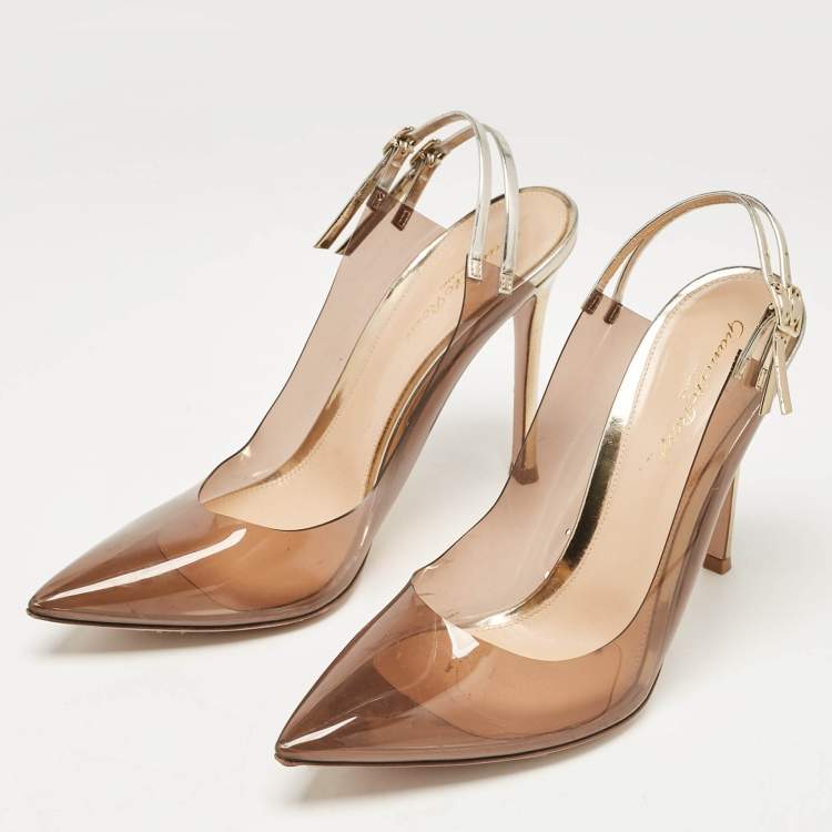 Pre Owned Gianvito Rossi Brown/Gold Leather and PVC Pointed Toe Pumps Size 40