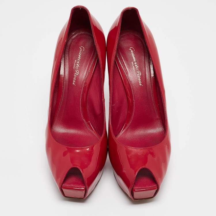 Pre Owned Gianvito Rossi Red Patent Leather Peep Toe Pumps Size 39.5