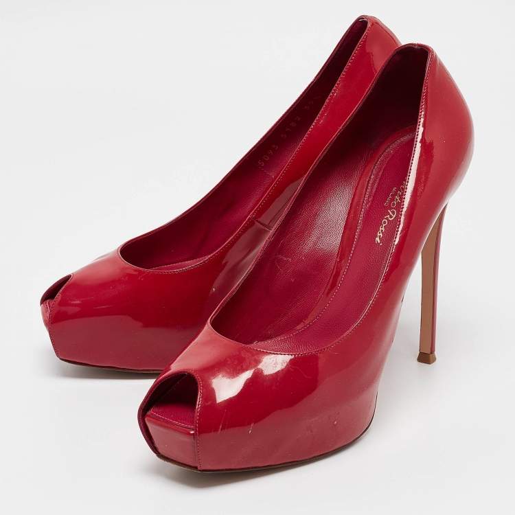 Pre Owned Gianvito Rossi Red Patent Leather Peep Toe Pumps Size 39.5