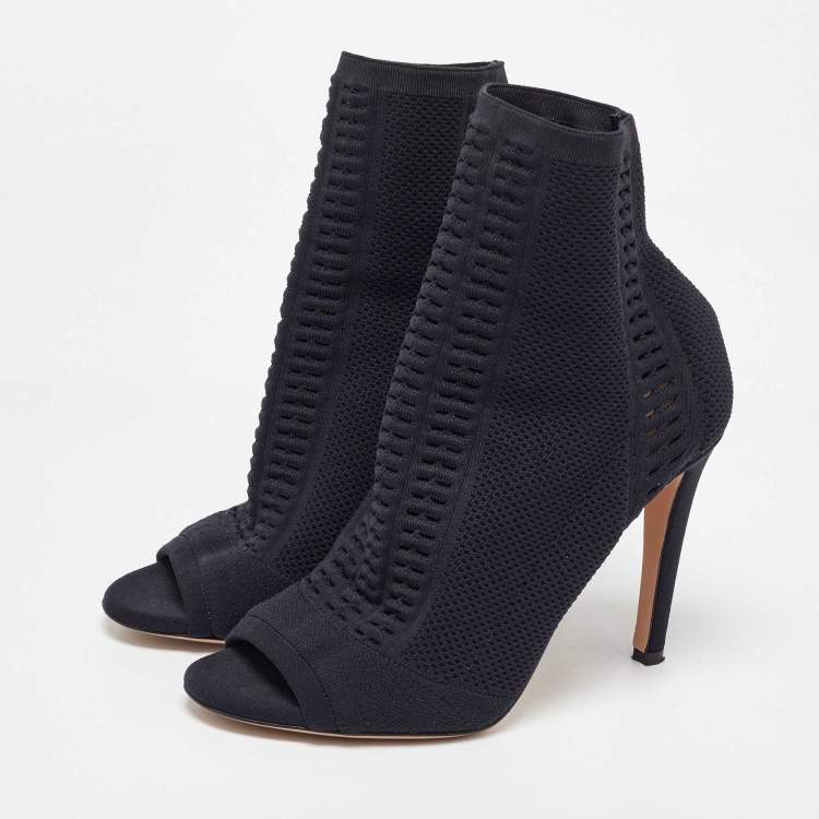 Pre Owned Gianvito Rossi Black Knit Fabric Vires Open Toe Ankle Booties Size 37.5