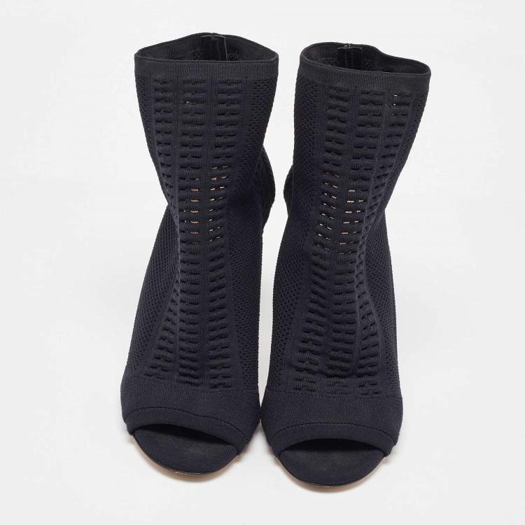 Pre Owned Gianvito Rossi Black Knit Fabric Vires Open Toe Ankle Booties Size 37.5