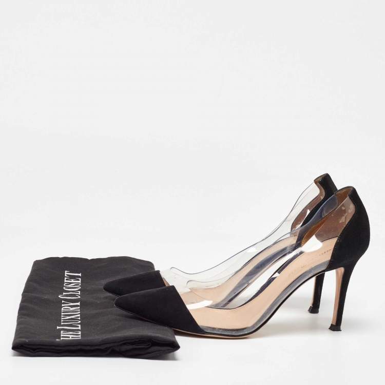 Pre Owned Gianvito Rossi Black PVC and Suede Plexi Pointed Toe Pumps Size 37.5