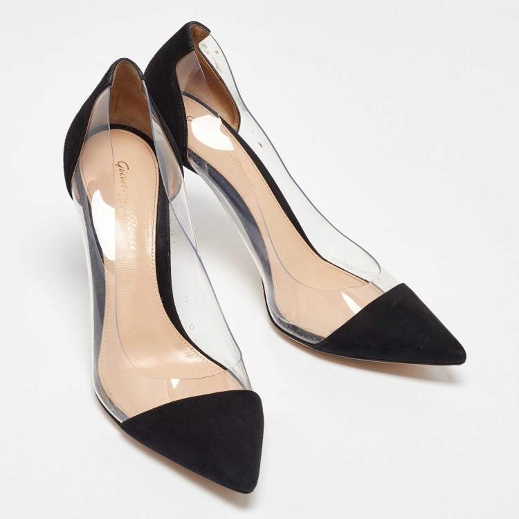 Pre Owned Gianvito Rossi Black PVC and Suede Plexi Pointed Toe Pumps Size 37.5