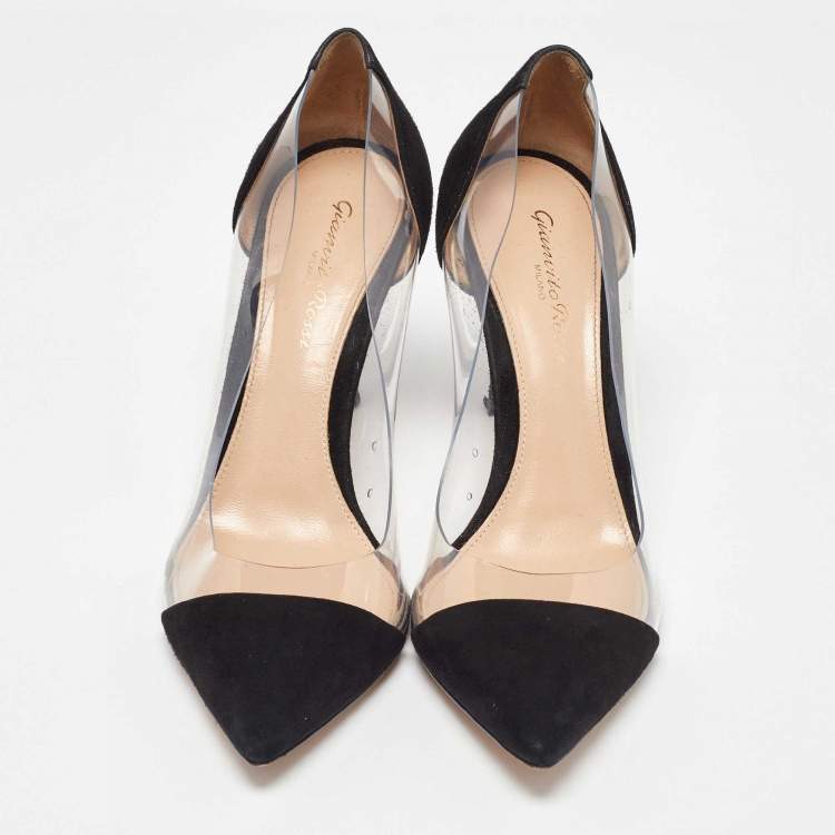 Pre Owned Gianvito Rossi Black PVC and Suede Plexi Pointed Toe Pumps Size 37.5
