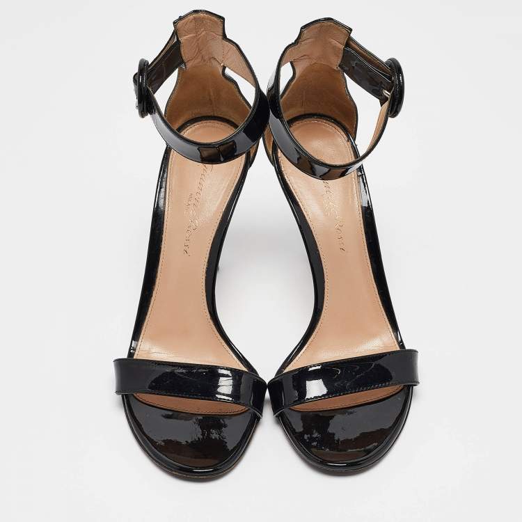 Pre Owned Gianvito Rossi Black Patent Leather Portofino Ankle Strap Sandals Size 36