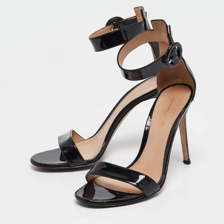 Pre Owned Gianvito Rossi Black Patent Leather Portofino Ankle Strap Sandals Size 36