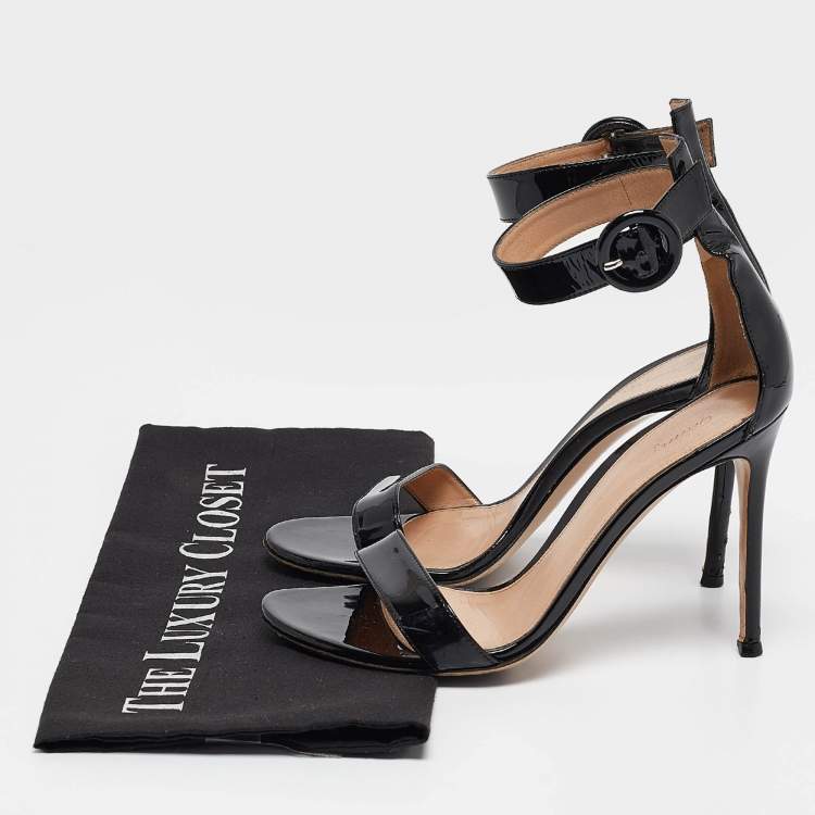 Pre Owned Gianvito Rossi Black Patent Leather Portofino Ankle Strap Sandals Size 36