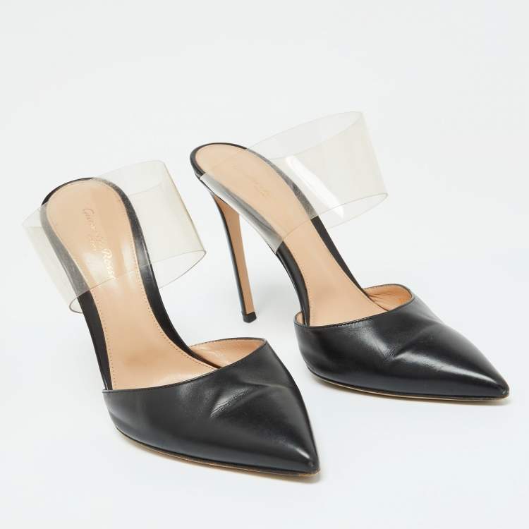 Pre Owned Gianvito Rossi Black Leather and PVC Plexi Pointed Toe Mules Size 41