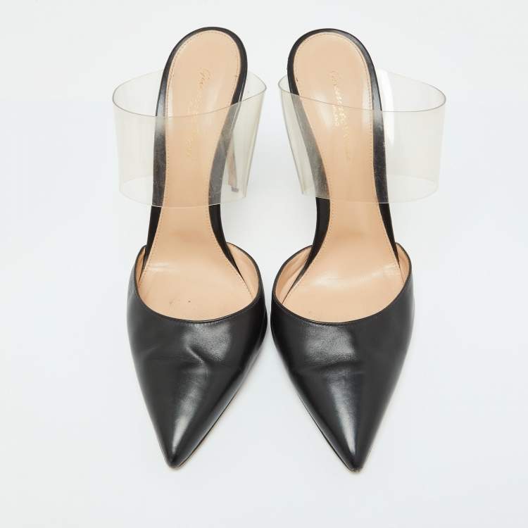 Pre Owned Gianvito Rossi Black Leather and PVC Plexi Pointed Toe Mules Size 41