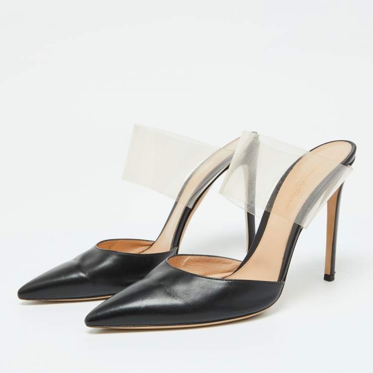 Pre Owned Gianvito Rossi Black Leather and PVC Plexi Pointed Toe Mules Size 41