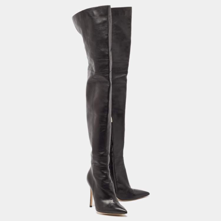 Pre Owned Gianvito Rossi Black Patent Leather Pointed-Toe Over The Knee Boots Size 38