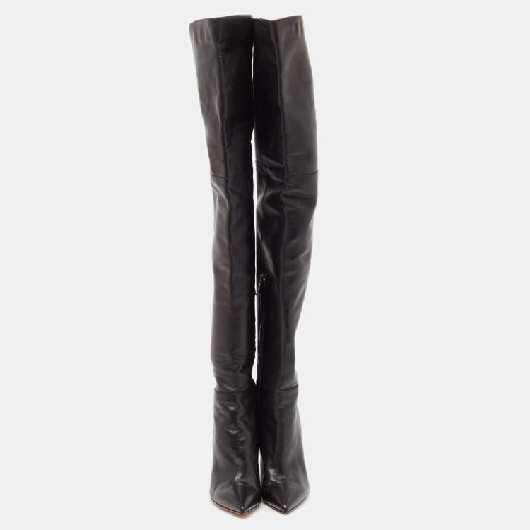 Pre Owned Gianvito Rossi Black Patent Leather Pointed-Toe Over The Knee Boots Size 38