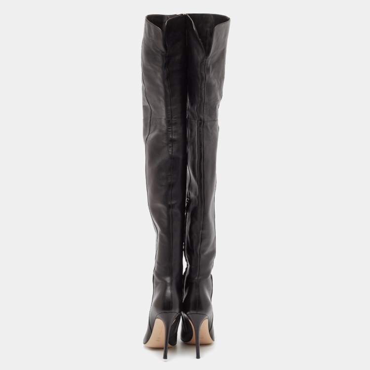 Pre Owned Gianvito Rossi Black Patent Leather Pointed-Toe Over The Knee Boots Size 38