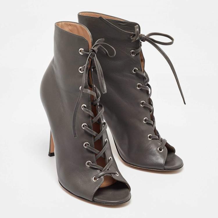 Pre Owned Gianvito Rossi Grey Leather Open Toe Lace up Ankle Length Boots Size 40