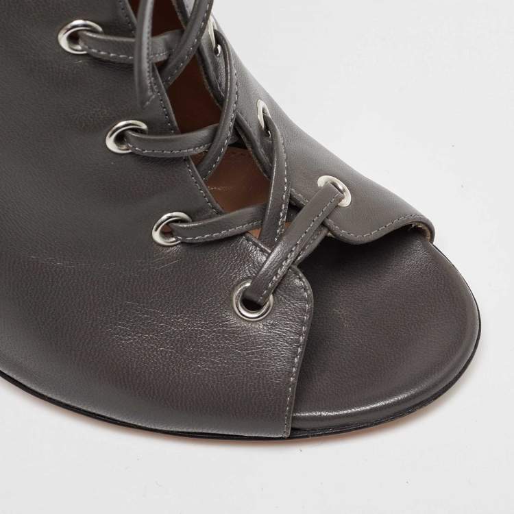 Pre Owned Gianvito Rossi Grey Leather Open Toe Lace up Ankle Length Boots Size 40