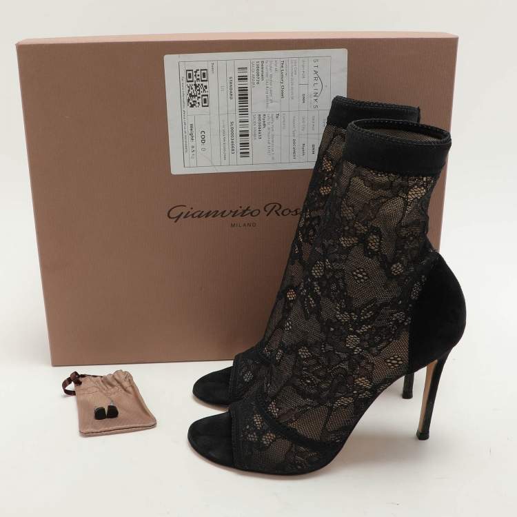 Pre Owned Gianvito Rossi Black Stretch Lace/Mesh Ankle Boots Size 37.5
