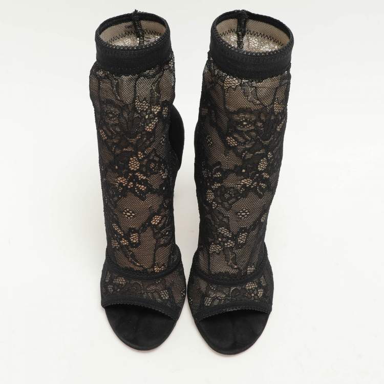 Pre Owned Gianvito Rossi Black Stretch Lace/Mesh Ankle Boots Size 37.5