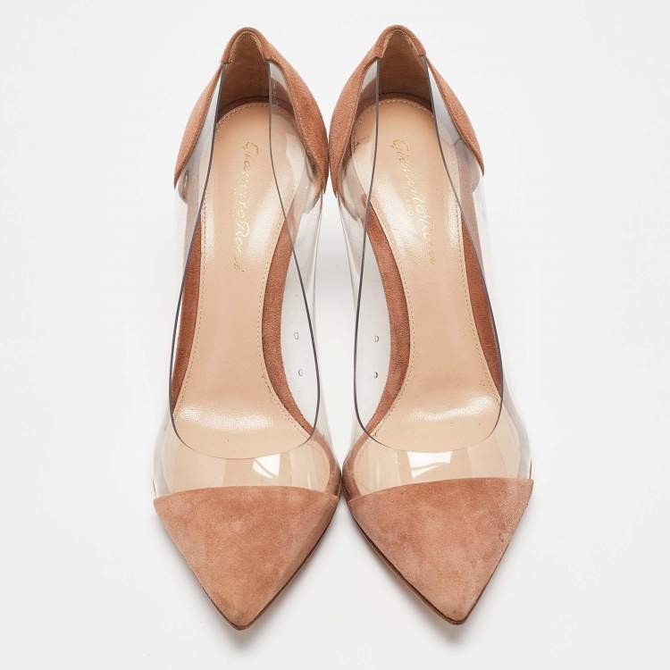 Pre Owned Gianvito Rossi Brown Suede Leather And PVC Plexi Pointed Toe Pumps Size 36.5