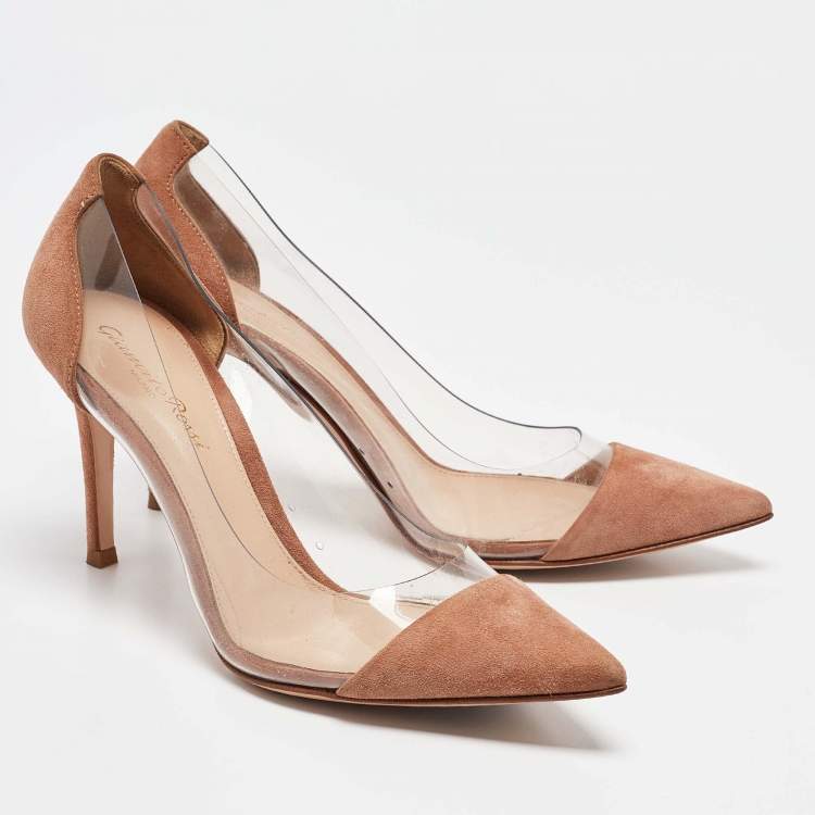 Pre Owned Gianvito Rossi Brown Suede Leather And PVC Plexi Pointed Toe Pumps Size 36.5
