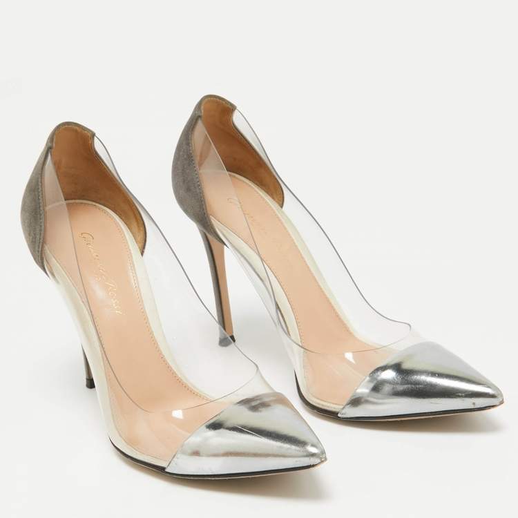 Pre Owned Gianvito Rossi Metallic/Grey Leather, Suede and PVC Plexi Pumps Size 37