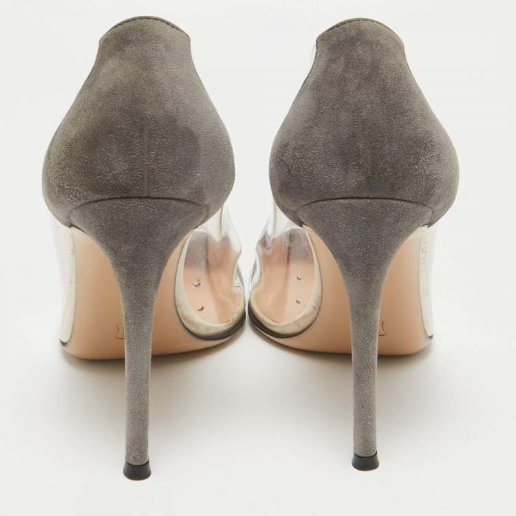 Pre Owned Gianvito Rossi Metallic/Grey Leather, Suede and PVC Plexi Pumps Size 37