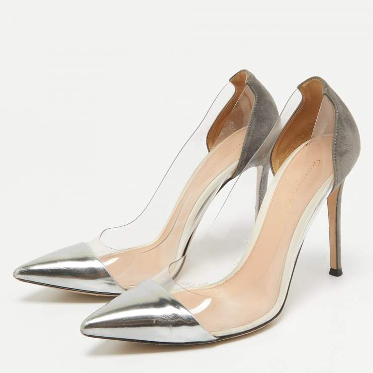 Pre Owned Gianvito Rossi Metallic/Grey Leather, Suede and PVC Plexi Pumps Size 37