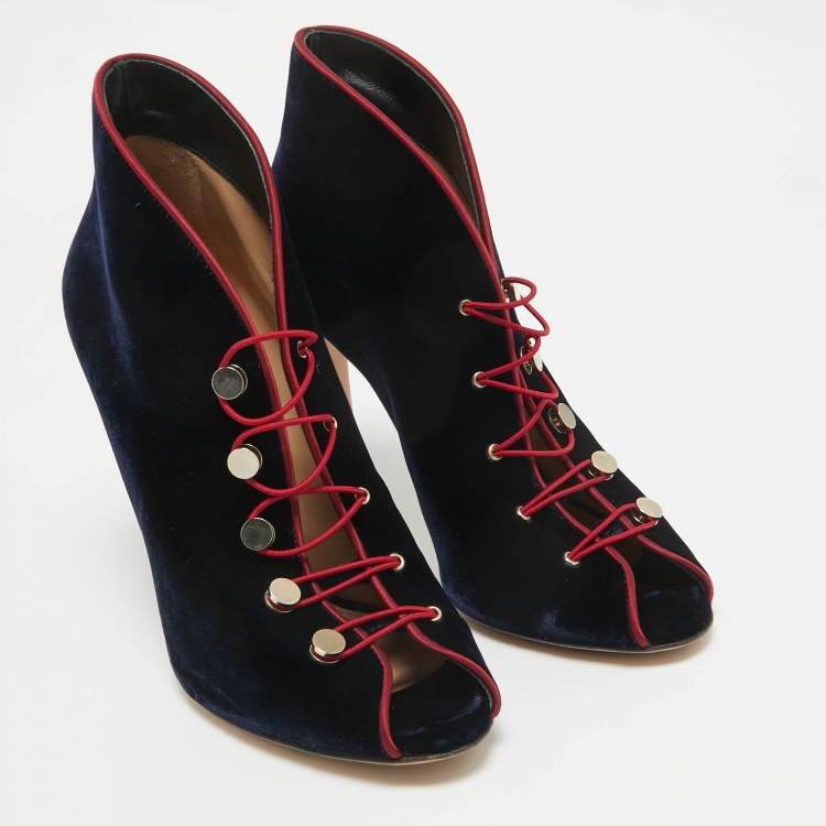 Pre Owned Gianvito Rossi Navy Blue Velvet Miral Booties Size 38