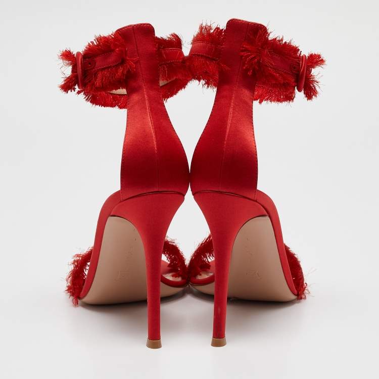 Pre Owned Gianvito Rossi Red Satin Frayed Caribe Ankle Strap Sandals Size 38.5