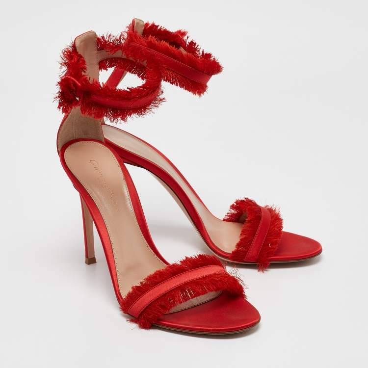Pre Owned Gianvito Rossi Red Satin Frayed Caribe Ankle Strap Sandals Size 38.5