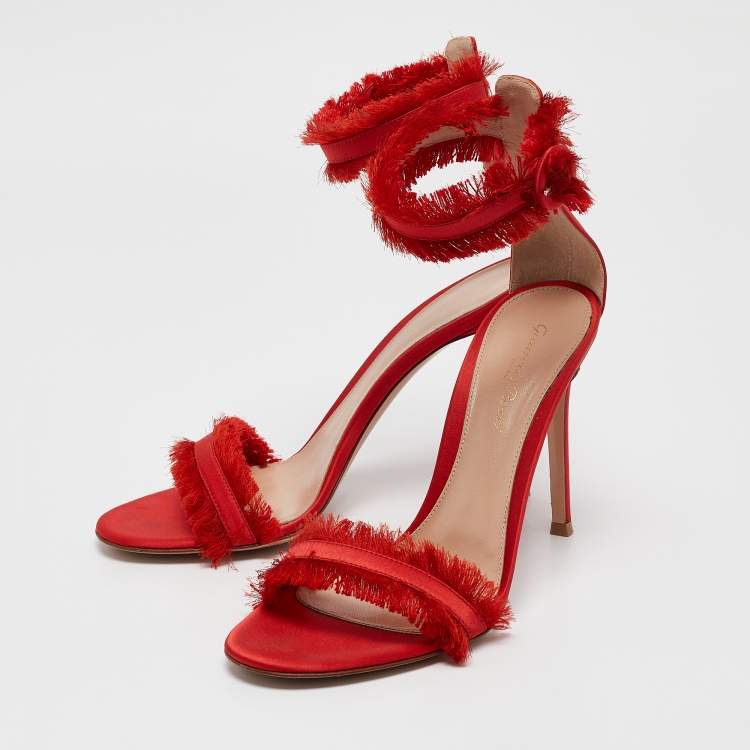 Pre Owned Gianvito Rossi Red Satin Frayed Caribe Ankle Strap Sandals Size 38.5
