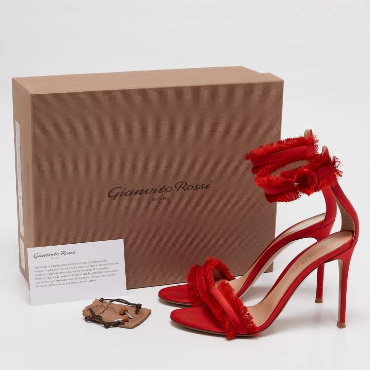 Pre Owned Gianvito Rossi Red Satin Frayed Caribe Ankle Strap Sandals Size 38.5