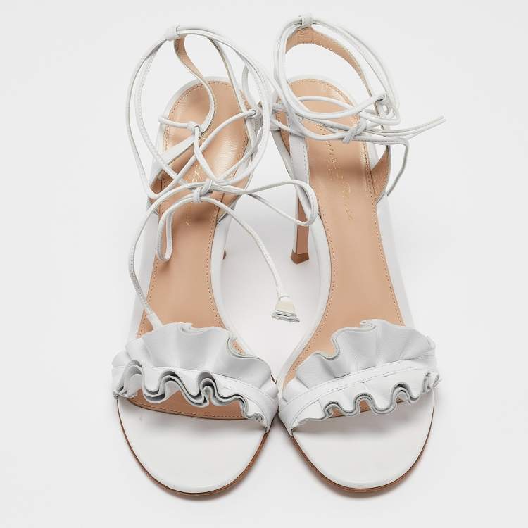 Pre Owned Gianvito Rossi Light Grey Leather Ruffled Ankle Wrap Sandals Size 38.5