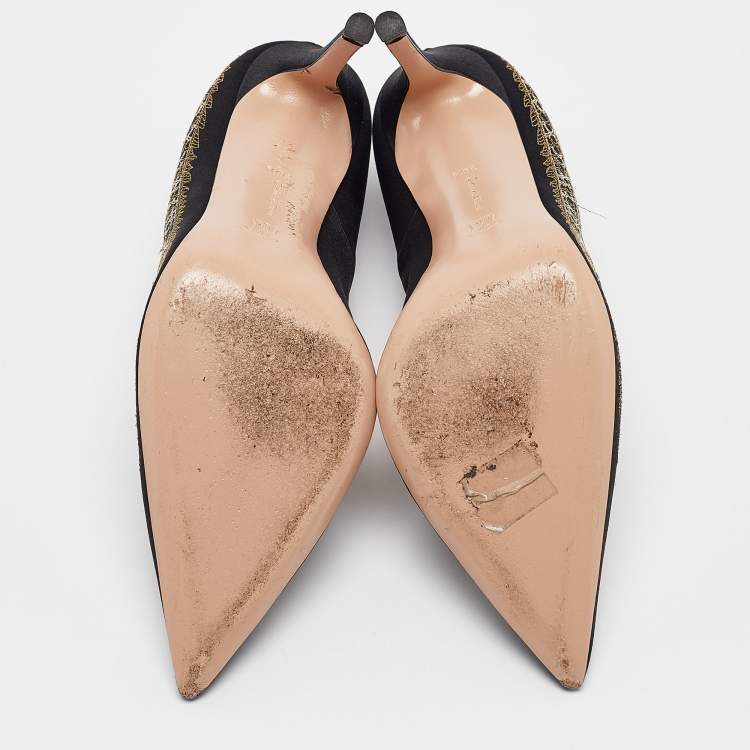 Pre Owned Gianvito Rossi Black Satin Dragon 100 Embroidered Pumps Size 38.5