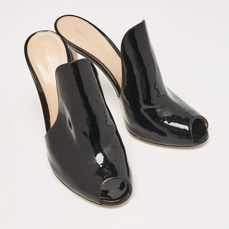 Pre Owned Gianvito Rossi Black Patent Leather Peep Toe Mules Size 39