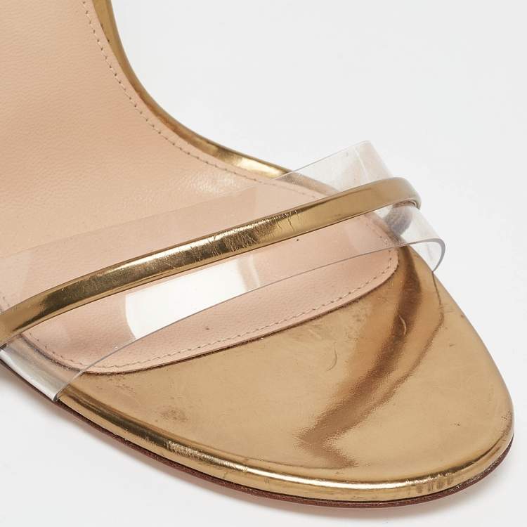 Pre Owned Gianvito Rossi Gold/Transparent Leather and PVC Ankle Strap Sandals Size 39.5