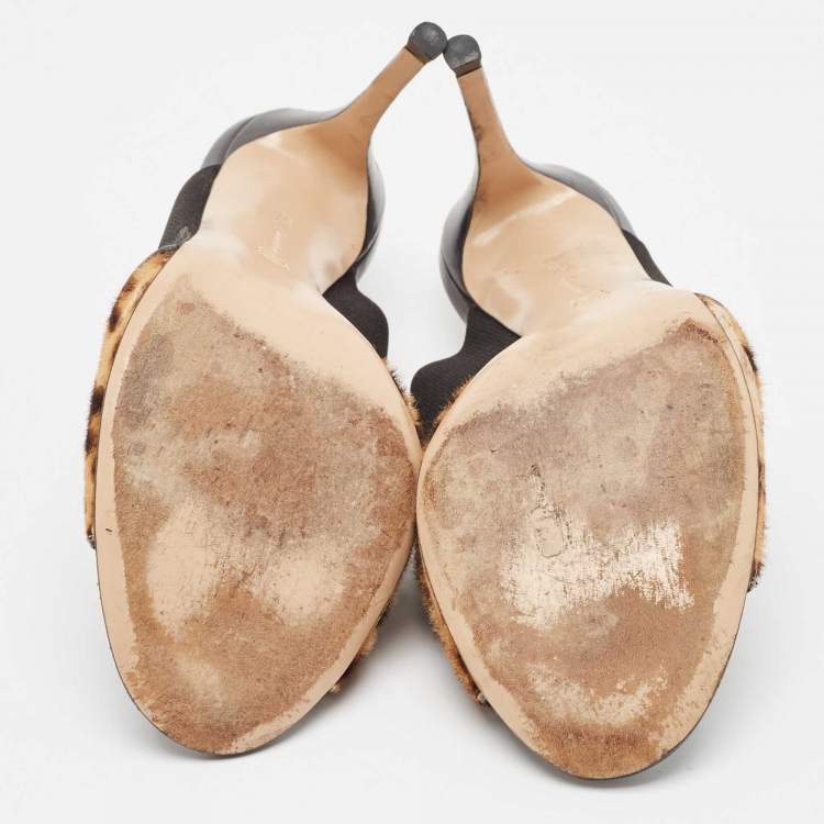 Pre Owned Gianvito Rossi Brown/Black Leopard Print Calf Hair and Fabric Mules Size 40.5