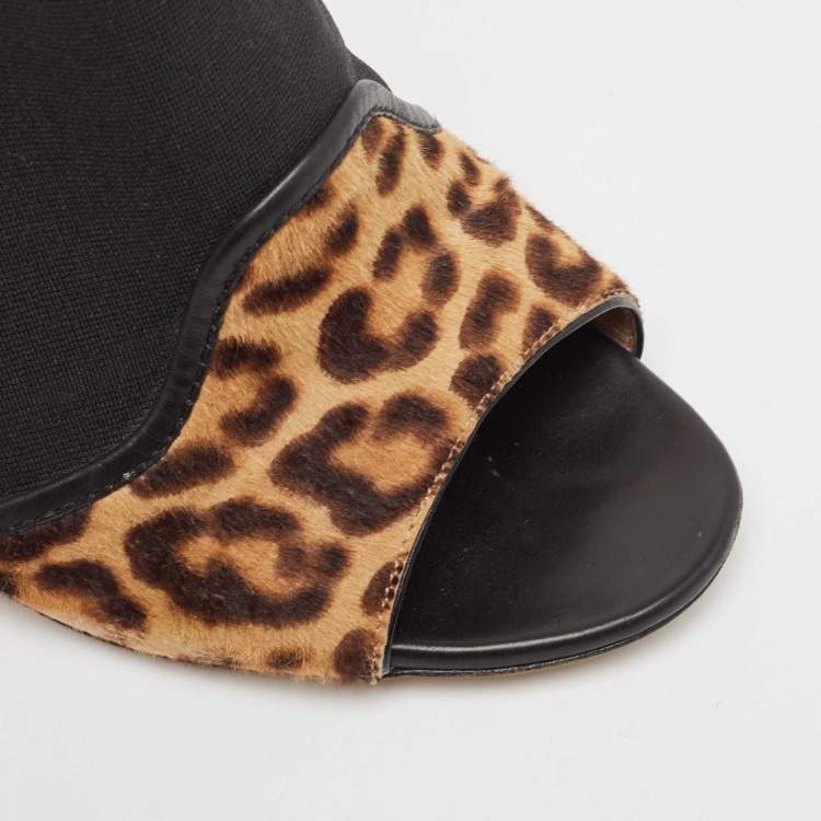 Pre Owned Gianvito Rossi Brown/Black Leopard Print Calf Hair and Fabric Mules Size 40.5